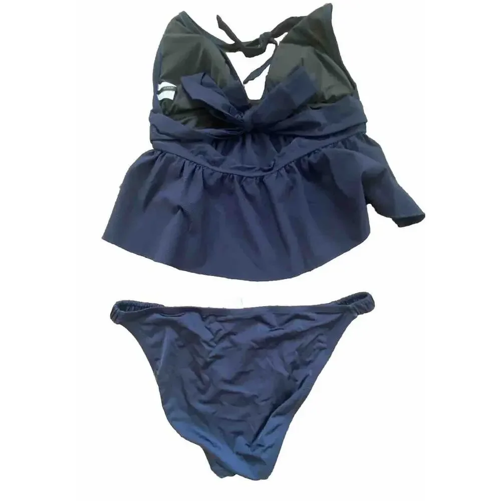 New J.Crew Navy‎ Ruffled 2-pc Bikini Set Swim Suit Tank Top w Bikini Bottom MED